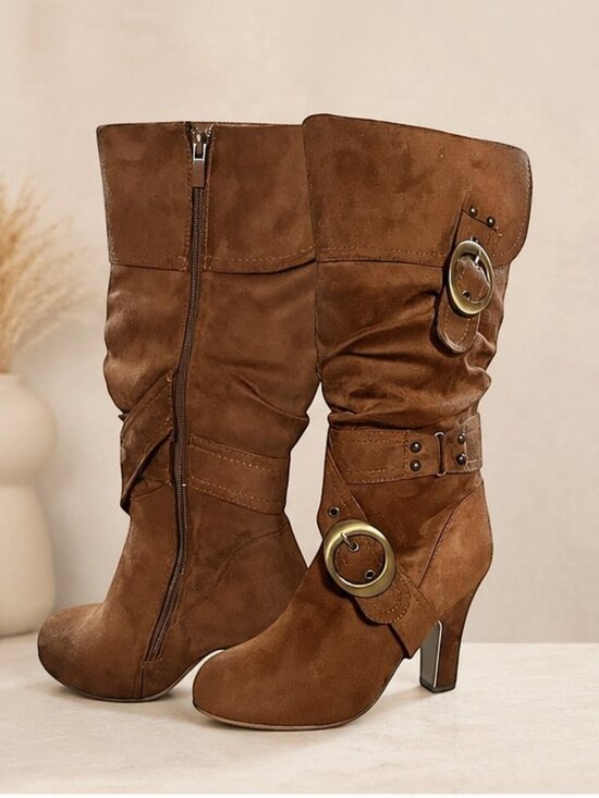 Shoes - Western Inspired Women's Slouch Foldover Knee High Boots | Gold Buckle Sizes 5–8
